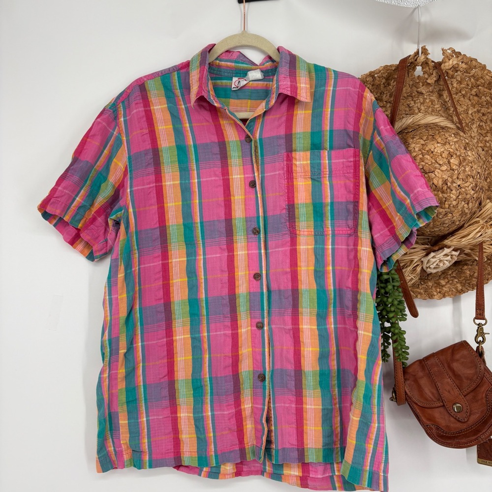 Vintage 90S L Madras Plaid Seersucker Cotton Short Sleeve Button Down Shirt Pink